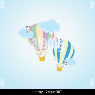 two beautiful balloons with clouds on a blue gradient background with stars and hearts - children`s cartoon vector illustration - baby shower Stock Vector